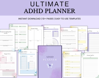 Op de afbeelding: Een digitale planner ontworpen voor mensen met ADHD. De planner bevat pagina's voor wekelijkse taken, maandelijkse reflecties, doelstellingsplanning, gewoontetracking en meer. De planner heeft een paarse en blauwe aquarel achtergrond met een vlinderontwerp.