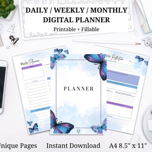 May include: A digital planner with a blue watercolour background and butterfly illustrations. The planner includes daily, weekly, and monthly pages. The text "DAILY/WEEKLY/MONTHLY DIGITAL PLANNER" is at the top of the page. The text "Printable + Fillable" is below the title. The text "11 Unique Pages" is at the bottom left of the page. The text "Instant Download" is at the bottom centre of the page. The text "A4 8.5" x 11" is at the bottom right of the page.