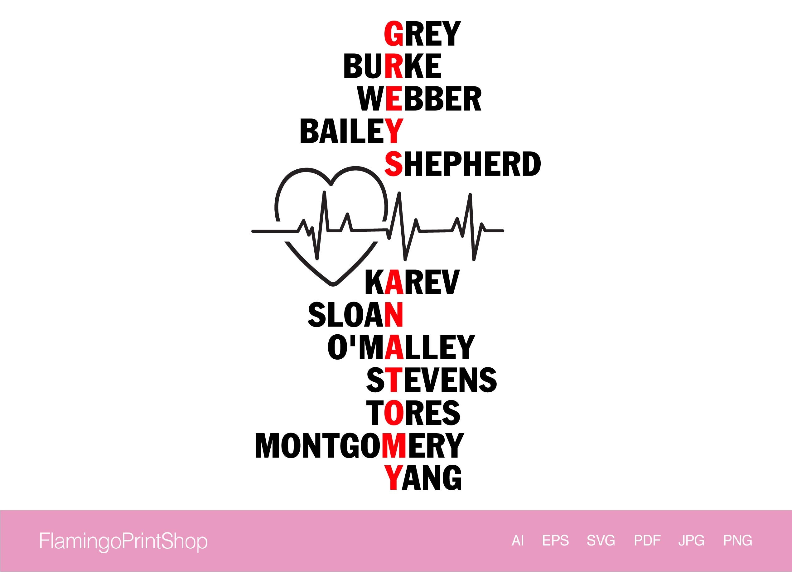 Greys Anatomy Names SVG Printable Design Svg Ai Jpg Png Etsy