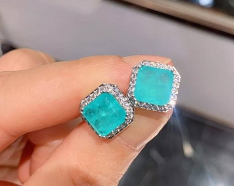 Tourmaline Emerald Natural Stone Earrings Square Zirconia Rhinestone Silver Blue Turquoise Square