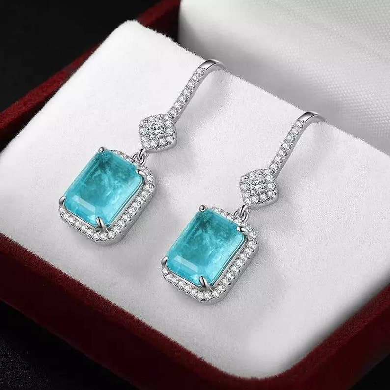 Tourmaline Emerald Natural Stone Earrings Square Zirconia Rhinestone Silver Blue Turquoise Square