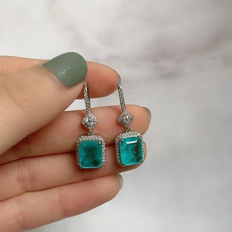 Tourmaline Emerald Natural Stone Earrings Square Zirconia Rhinestone Silver Blue Turquoise Square