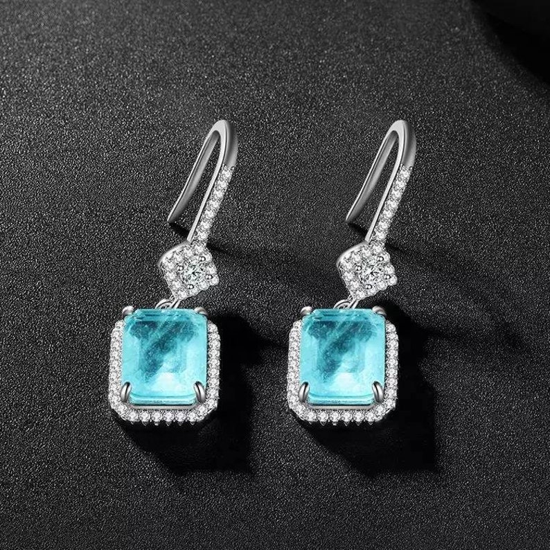 Tourmaline Emerald Natural Stone Earrings Square Zirconia Rhinestone Silver Blue Turquoise Square