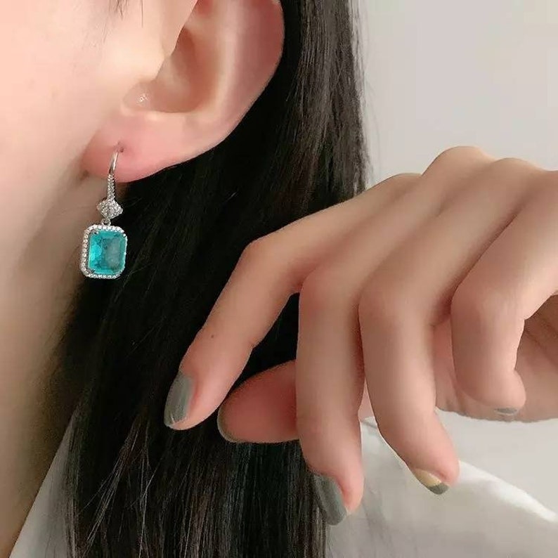 Tourmaline Emerald Natural Stone Earrings Square Zirconia Rhinestone Silver Blue Turquoise Square