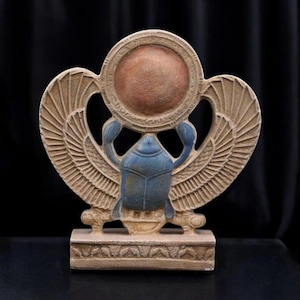 Rare Egyptian Winged Scarab with Sun Disk - Ancient Egyptian Antique Statue - Handmade Stone Artifact
