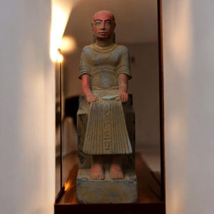 Ancient Egyptian Imhotep Statue – Rare Seated Stone Sculpture Holding Papyrus Scroll