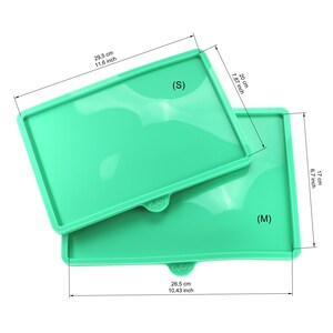 May include: Two green silicone baking mats, one labeled "S" and measuring 11.6 inches by 7.87 inches, and the other labeled "M" and measuring 10.43 inches by 6.7 inches.