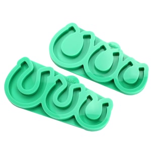 May include: Two green silicone moulds shaped like horseshoes. Each mould has three horseshoe shapes.