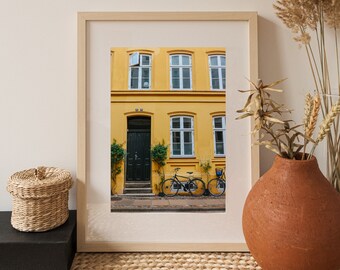 Copenhagen, Denmark • Yellow Building With Bicycles | Digital Print