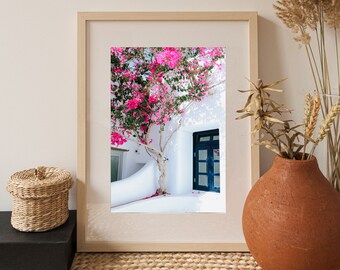 Mykonos, Greece • Blue Window With Pink Flowers | Digital Print