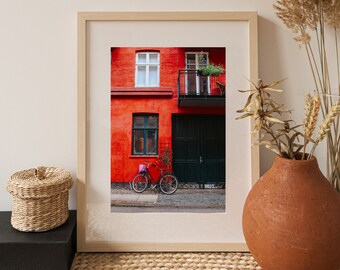 Copenhagen, Denmark • Red Building With Bicycle | Digital Print
