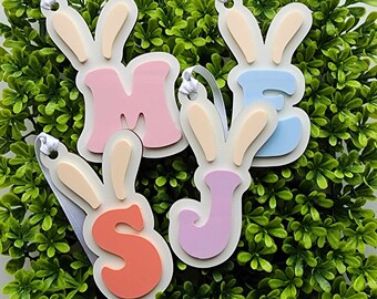 May include: Four pastel colored wooden Easter bunny ornaments with the letters M, J, E, and S. The ornaments are hanging from white ribbon against a green leafy background.