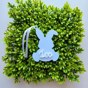 May include: A light blue bunny-shaped wooden ornament with the name "Leo" written in white on the front. The ornament is hanging from a white ribbon and is surrounded by green foliage.