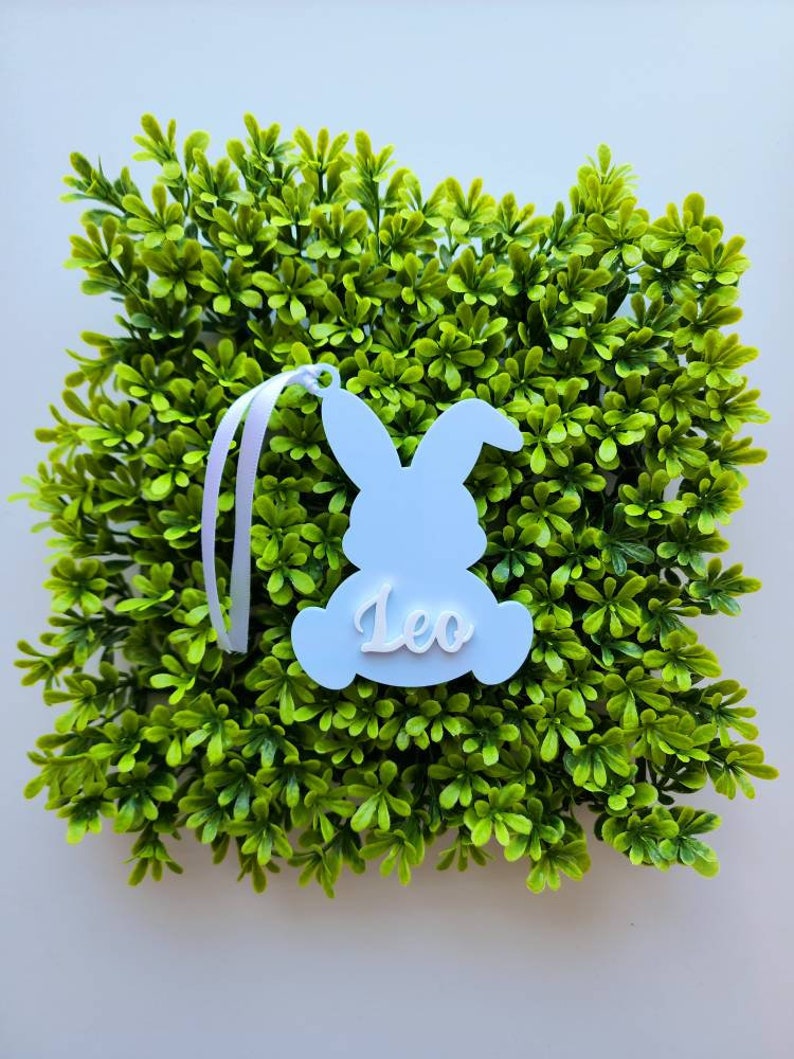 May include: A light blue bunny-shaped wooden ornament with the name "Leo" written in white on the front. The ornament is hanging from a white ribbon and is surrounded by green foliage.