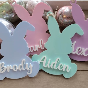Personalized Easter Bunny Basket Tags in Lavender, Pink, Green, and Blue Pastels.
