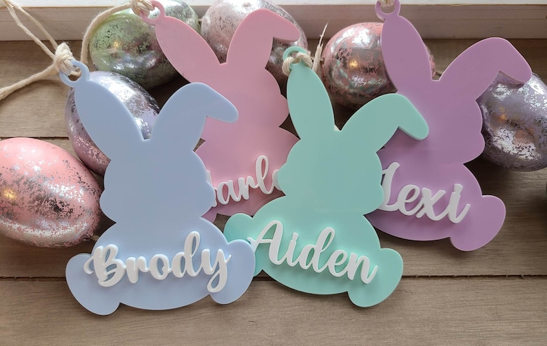 Personalized Easter Bunny Basket Tags in Lavender, Pink, Green, and Blue Pastels.