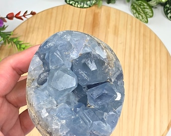 May include: A celestite geode featuring a cluster of pale blue, translucent, angular crystals encased within a rough, rounded, greyish-brown stone exterior. The crystal formation displays a variety of geometric shapes and facets.