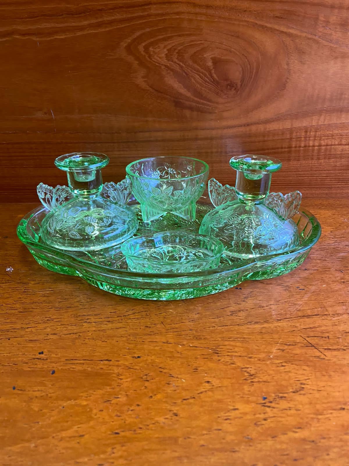 Green glass online dressing table set