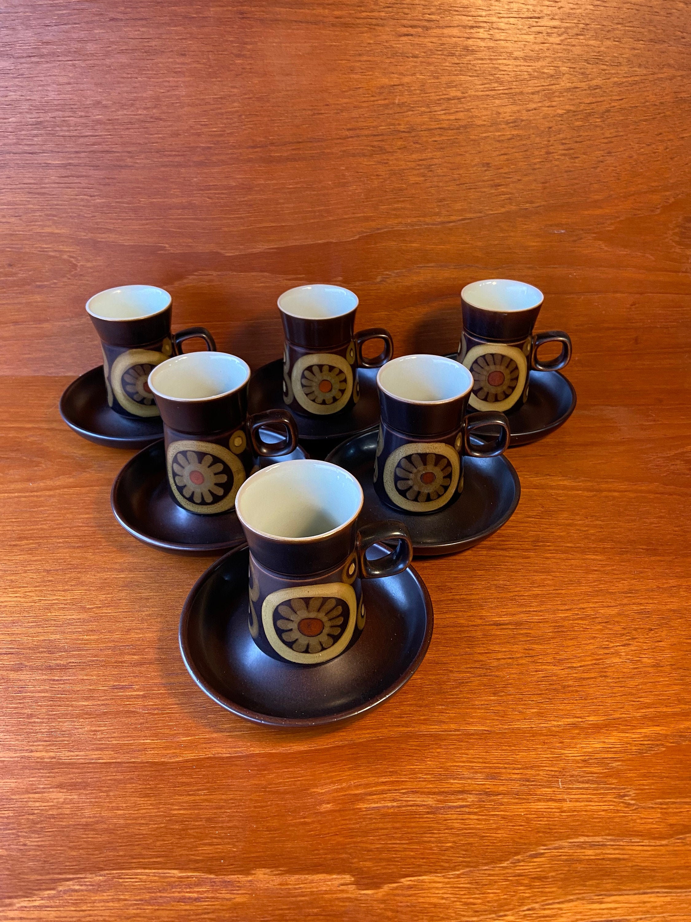 Vintage Denby Arabesque Set of 6 Coffee Cups and Saucers. Retro Coffee