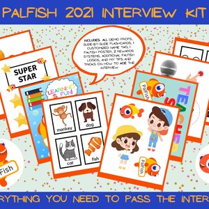 Puede incluir: Un kit de entrevista Palfish 2021 con varias tarjetas didácticas, accesorios y un póster. El kit incluye tarjetas didácticas con imágenes de un mono, un perro, un gato y un pez. El kit también incluye el texto "SUPER STAR" y "LEARNING IS FUN". También se incluye el texto "EVERYTHING YOU NEED TO PASS THE INTERVIEW".