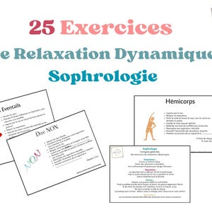 Pode incluir: Um conjunto de 25 exercícios de relaxamento dinâmico para a sofrologia. Os exercícios estão escritos em francês e incluem ilustrações. O título do exercício é "Les Eventails" e apresenta um leque vermelho e branco.
