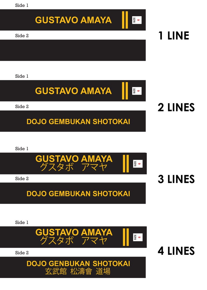 May include: Black martial arts belt with gold text reading "GUSTAVO AMAYA" and "SIZE 6". The second side of the belt is blank. The belt is for martial arts.