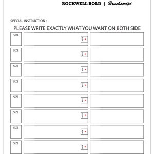 May include: An embroidery order form with a white background and black text. The form includes sections for thread color, font selection, and special instructions. It has multiple blank spaces for customization details.