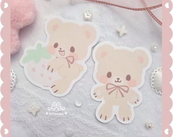 Strawberry Bear & Classic Teddy Vinyl Waterproof Stickers | Decal for Laptop, Water Bottle, Journal