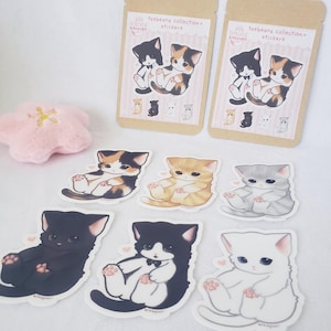 May include: A collection of cat stickers and sticker packs. The stickers feature various cat illustrations in black, white, orange, and gray. The sticker packs are in brown paper packaging with the text "taebeans collection" and "kitsuyui".