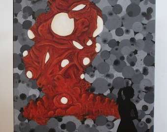 May include: Abstract painting on canvas featuring a red, white, and black color scheme. The painting depicts a large, organic, red shape with white highlights, resembling a cloud or a creature. A black silhouette of a person stands in the lower right corner of the painting, facing the red shape.
