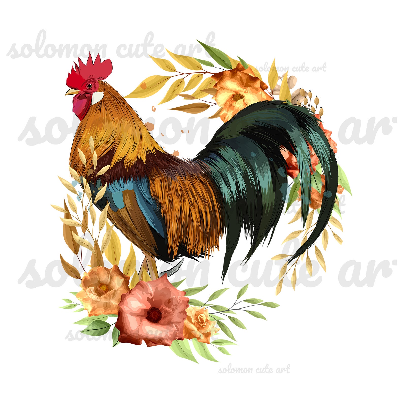 Watercolor Rooster With Flowers PNG Rooster Rose Floral - Etsy