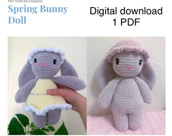 Vårkanin, virkmönster, digital nedladdning, amigurumimönster, kanin, kanin, virkat djur, gosedjur, mjukisdjur, docka,