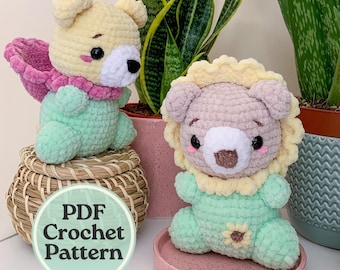 Virkat björnmönster, amigurumi-björn med kläder, blombjörn, handgjord docka, presentidé för barn, plysch, gosedjur, PDF DIGITAL NEDLADDNING