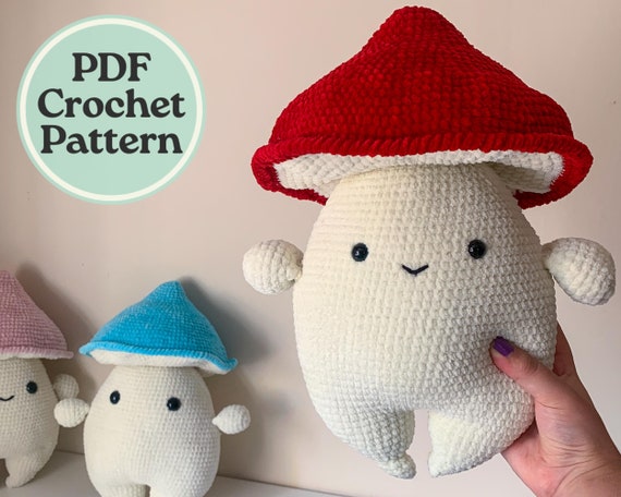 Crochet Giant Mushroom Pattern – No-Sew Amigurumi, Easy-to-Follow PDF, Make a Giant Plush with Chunky Flutterby Yarn