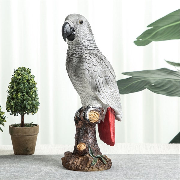 Perroquet sur souche Statue Perroquet Arbre Hugger Garden Figurines Résine Réaliste Tropical Oiseau Sculptures pour Patio Lawn Yard - Gris