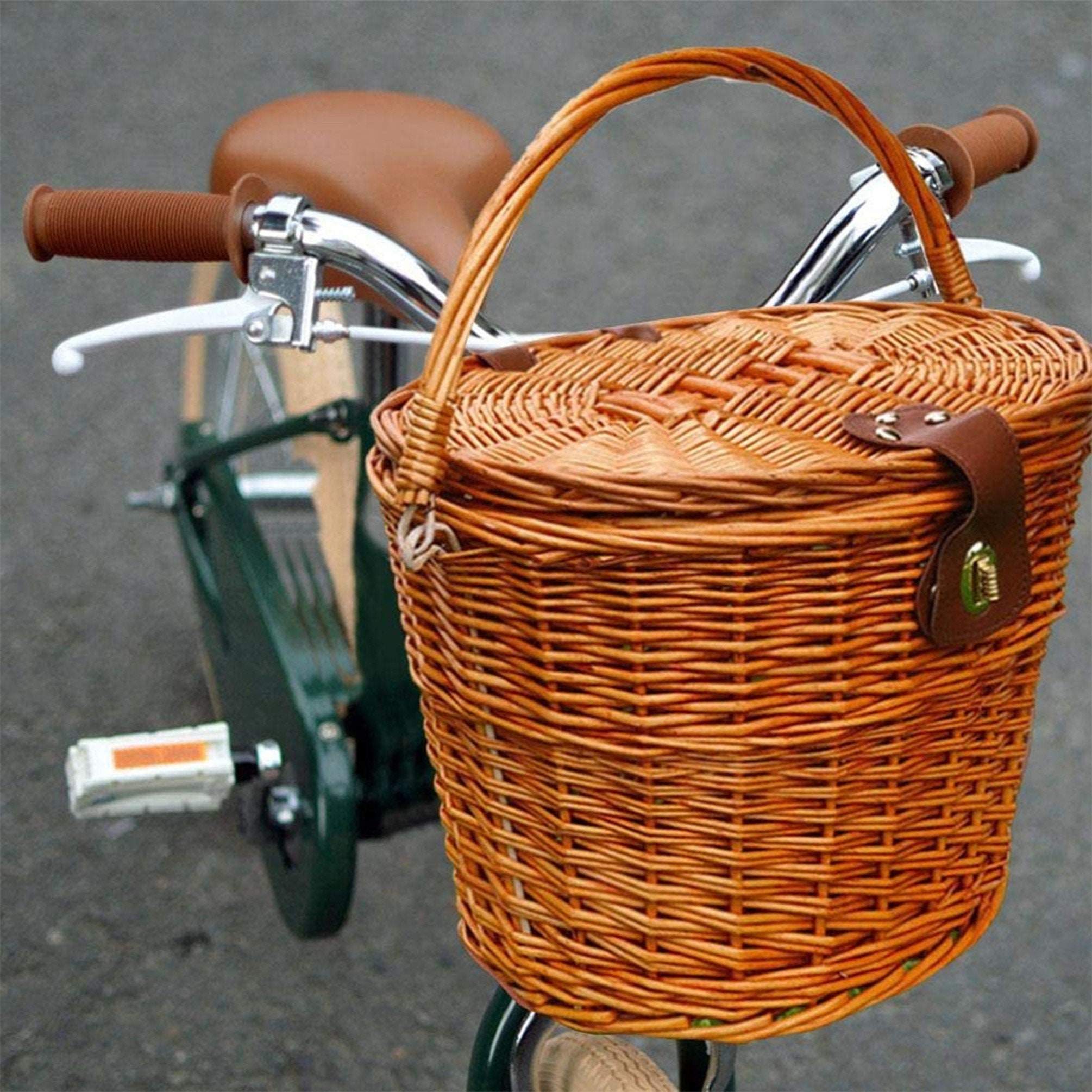 Bike Wicker Baskets Front Handlebar Bicycle Basket With Lid and Leather  Belt Easy to Install Bicycle Accessory Brown 