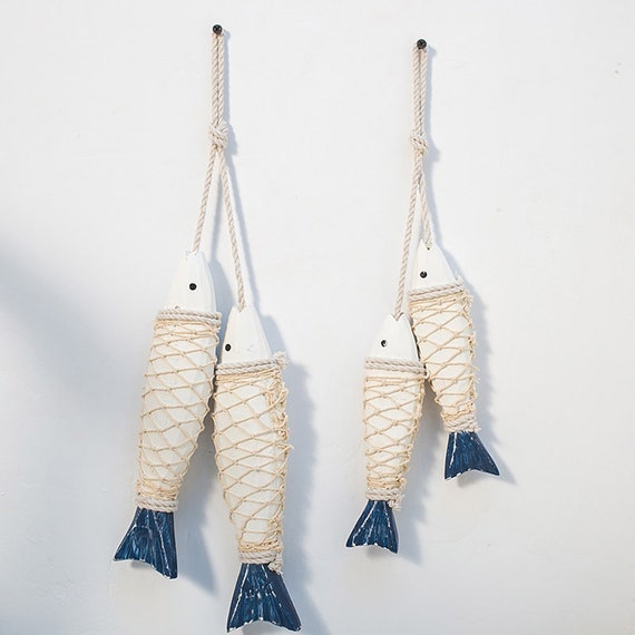 Buy 2pcs Wooden Fish Rustic Wall Hangings Decor, Nautical Themed Fish With  Fishing Net, Wall Ornament Gifts Online in India 
