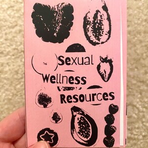 Puede incluir: Un folleto rosa con ilustraciones de frutas negras y el texto "Sexual Wellness Resources". El folleto, sostenido en una mano, presenta una frambuesa, una papaya y una fresa. El dise&ntilde;o es sencillo y el texto es claro.