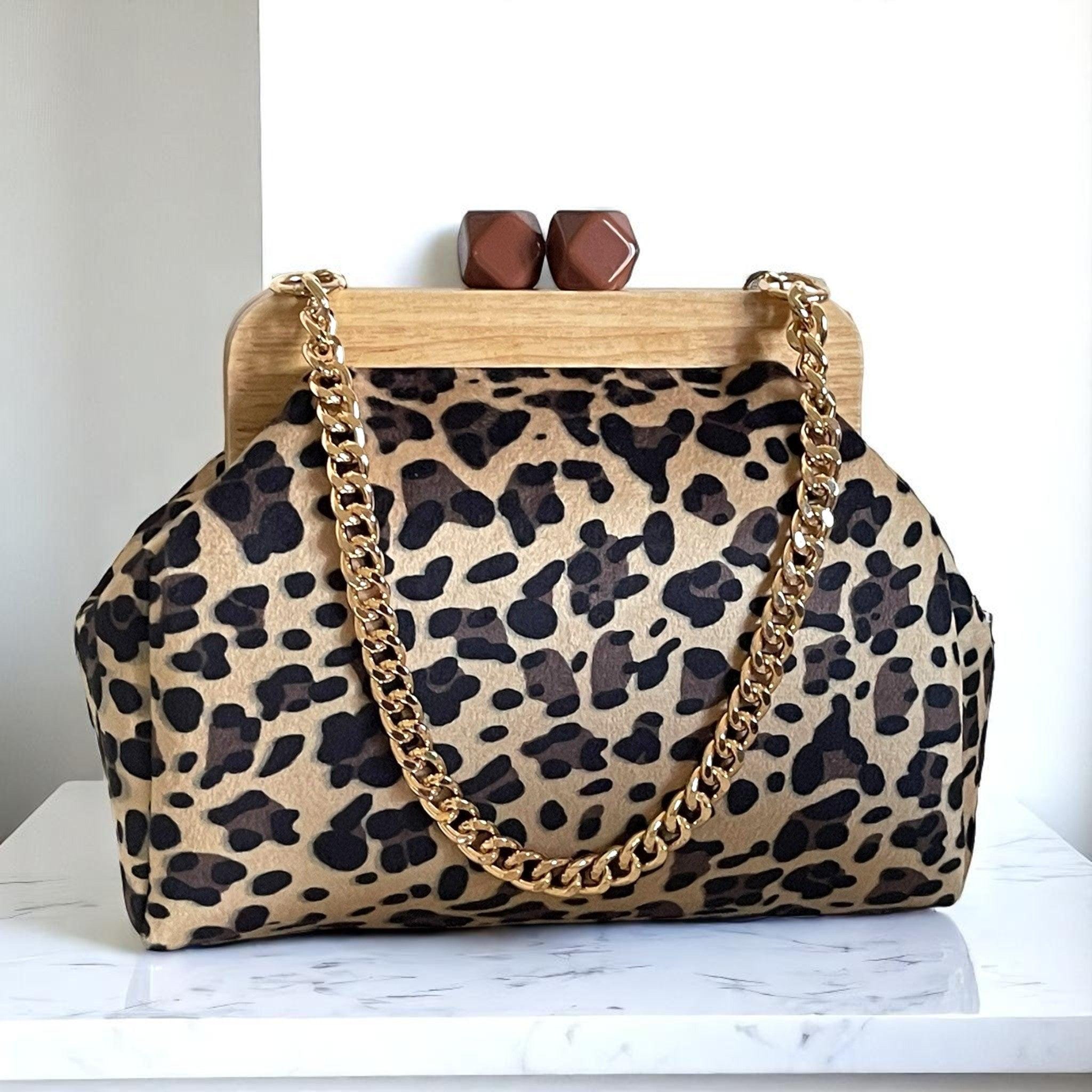 Leopard Print Clutch with Wooden Frame | Handmade Statement Bag | Animal Print Evening Purse | Bold Accessory | Minimalist Handbag