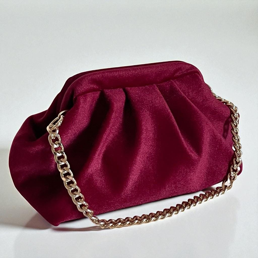 Burgundy Velvet Ruched Clutch Bag| Evening Purse| Soft Vintage-Inspired Pouch in Deep Red Velvet Clutch Bag | Evening Purse| Unique Handbag