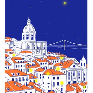Peut inclure: Une illustration numérique d'un paysage urbain nocturne avec des bâtiments blancs aux toits orange, une église à dôme proéminente et un pont suspendu au loin. Le ciel bleu profond est parsemé de petites étoiles jaunes et d'une lune brillante.
