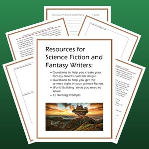 K&ouml;nnte beinhalten: Eine bunte Grafik mit dem Text "Ressourcen f&uuml;r Science-Fiction- und Fantasy-Autoren" und Aufz&auml;hlungszeichen, die Fragen auflisten, die Ihnen helfen, Fantasy-Romane zu erstellen, Regeln f&uuml;r Magie, Science-Fiction und Weltbildung. Die Grafik enth&auml;lt auch 40 Schreibaufforderungen.