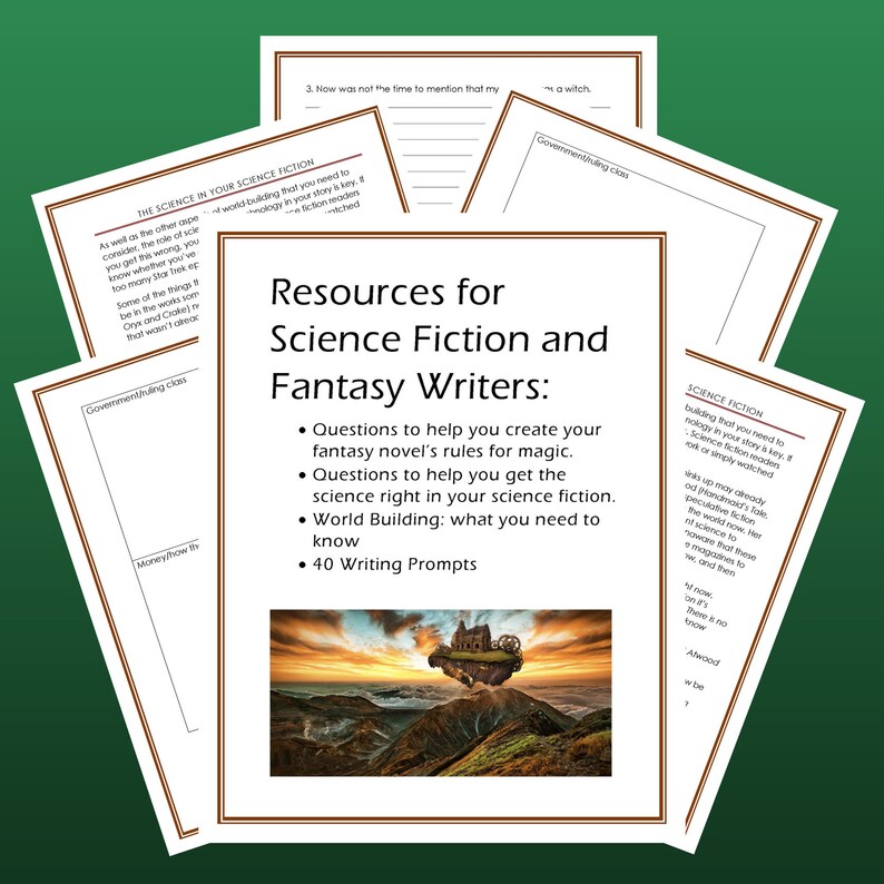 K&ouml;nnte beinhalten: Eine bunte Grafik mit dem Text "Ressourcen f&uuml;r Science-Fiction- und Fantasy-Autoren" und Aufz&auml;hlungszeichen, die Fragen auflisten, die Ihnen helfen, Fantasy-Romane zu erstellen, Regeln f&uuml;r Magie, Science-Fiction und Weltbildung. Die Grafik enth&auml;lt auch 40 Schreibaufforderungen.