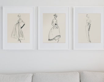 DIGITAL 3 Vintage fashion design sketch group haute couture retro gowns