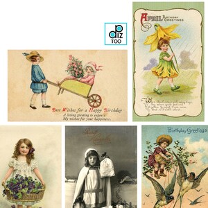 Cartes vintage numériques d'anniversaire pour filles, cartes vintage à téléchargement immédiat