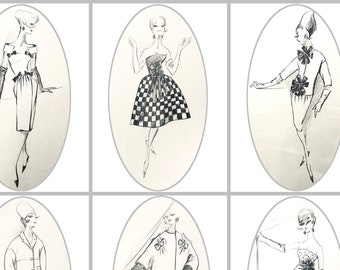DIOR CHANEL GIVENCY fashion sketches 1960s Digital vintage dress design illustrations