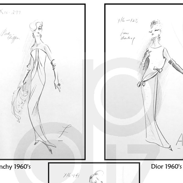 DIOR GIVENCHY couture fashion sketches Digital Vintage 1960