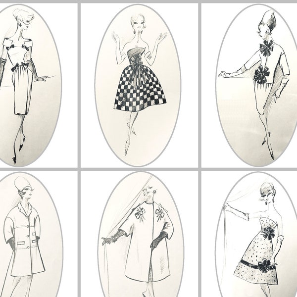 DIOR CHANEL GIVENCY croquis de mode années 1960 Illustrations numériques de conception de robe vintage