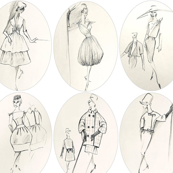 Digital Vintage fashion Scrapbook sketches Dior Givenchy Cardin 1960s