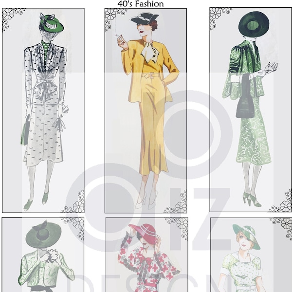 Digital Vintage fashions 1940s womens dresses scrapbook junk journals